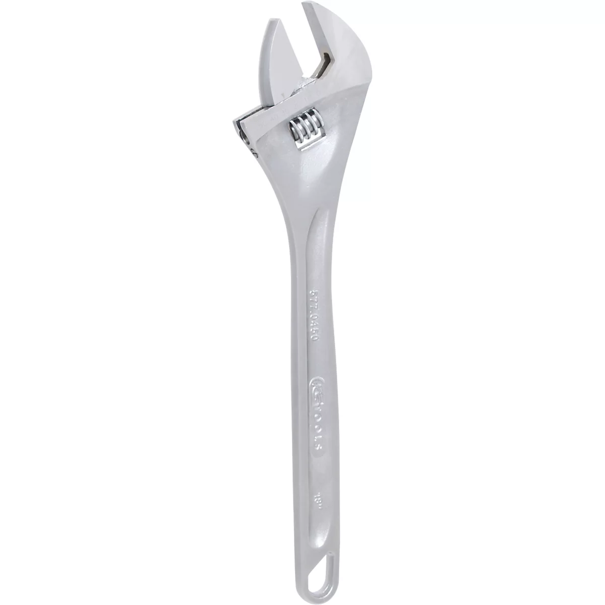 Verchromter Schraubenschlüssel mit verstellbarer Backe und Griff. Der Schraubenschlüssel hat ein Loch am Ende des Griffs.